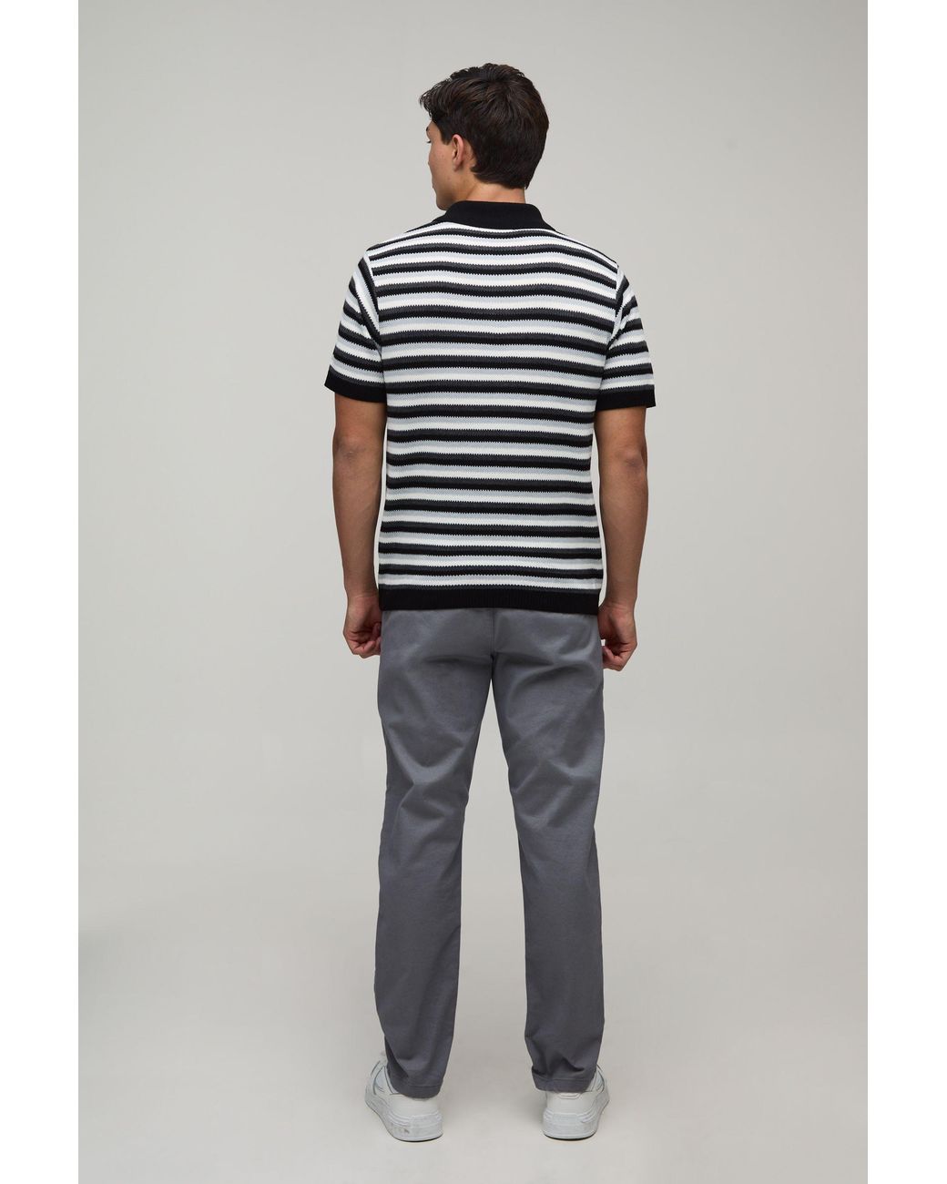 BoohooMAN Gray Regular Fit 1/4 Zip Striped Knitted Polo for men