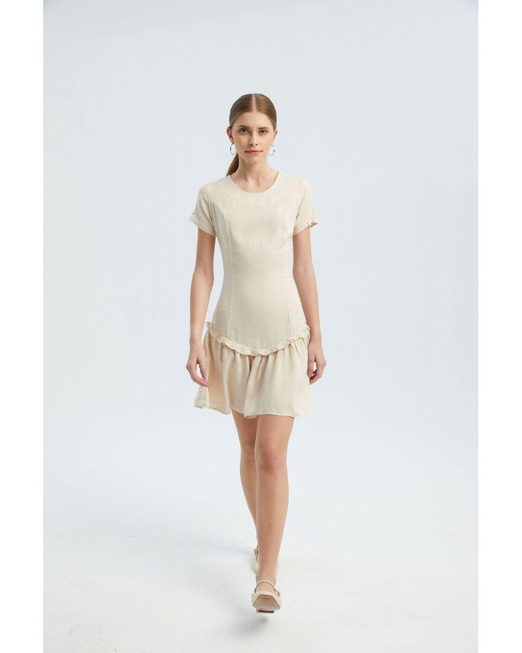 Hiccup White Round Neck Ruffle Short Sleeve Mini Dress