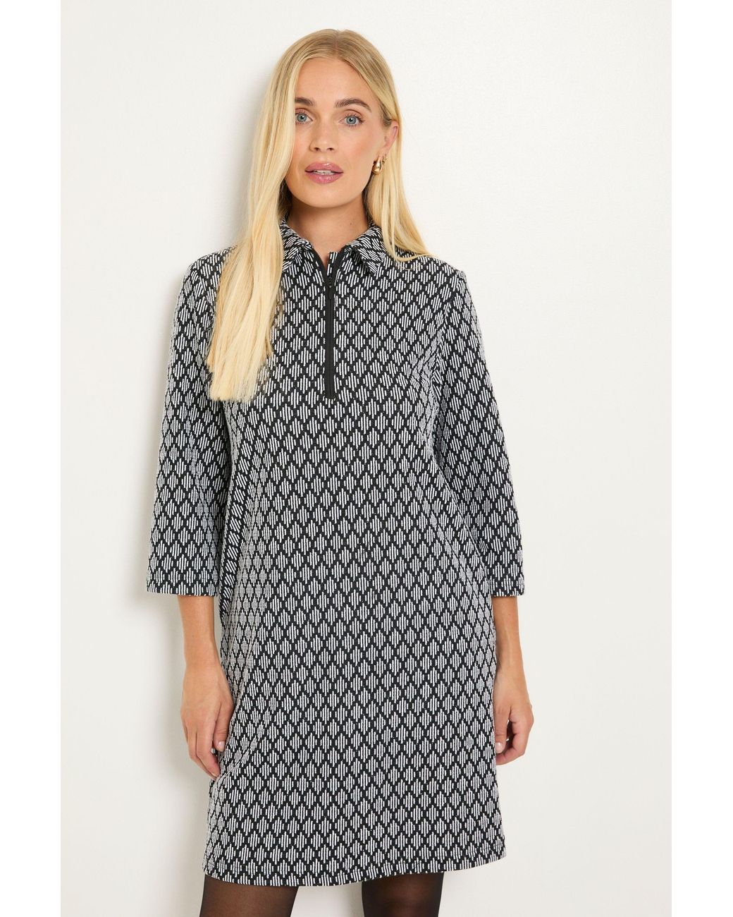 Wallis Black Petite Geo Jacquard Ponte Zip Shift Dress