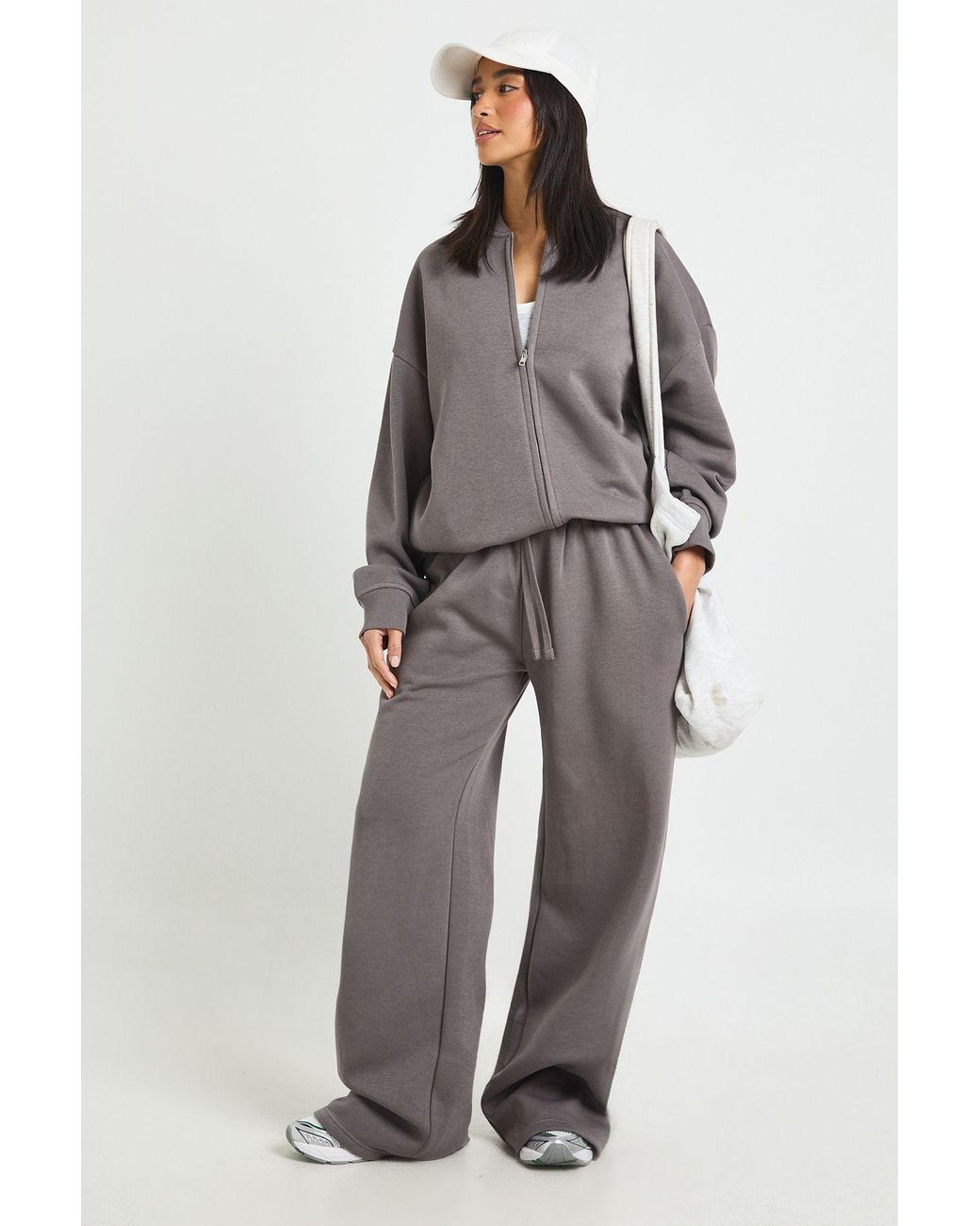 Boohoo Gray Petite Bomber Jacket Wide Leg Jogger Tracksuit