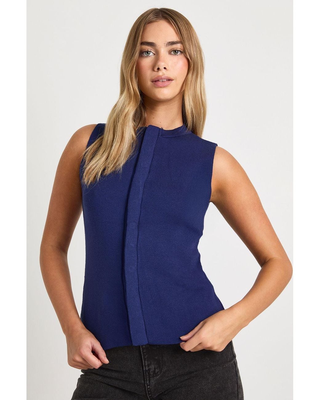 Boohoo Blue Crew Neck Knitted Concealed Panel Waistcoat