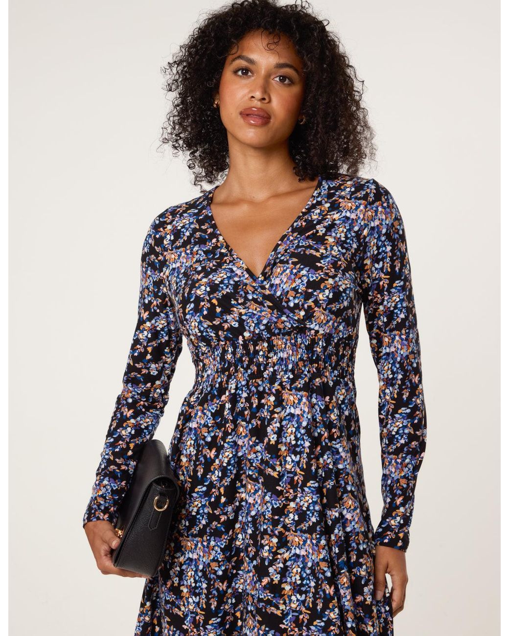 Blue Vanilla Blue Floral V Neck Wrap Long Sleeve Midi Dress