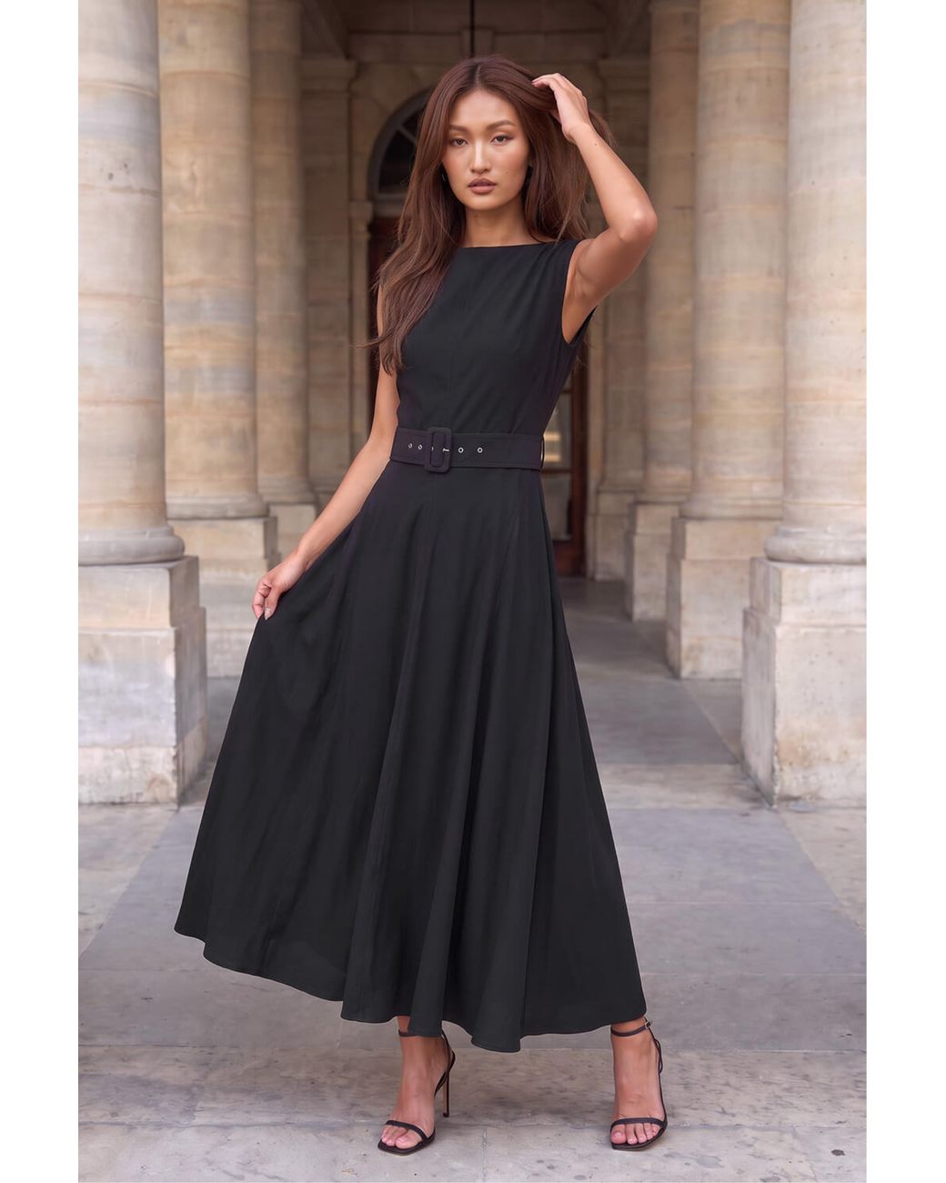 Roman Black Belted Fit And Flare Dress