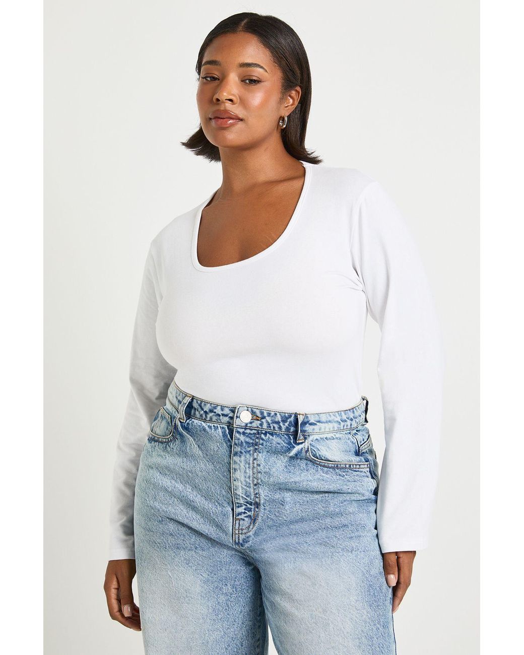 Boohoo White Plus Basic Square Neck Long Sleeve Top