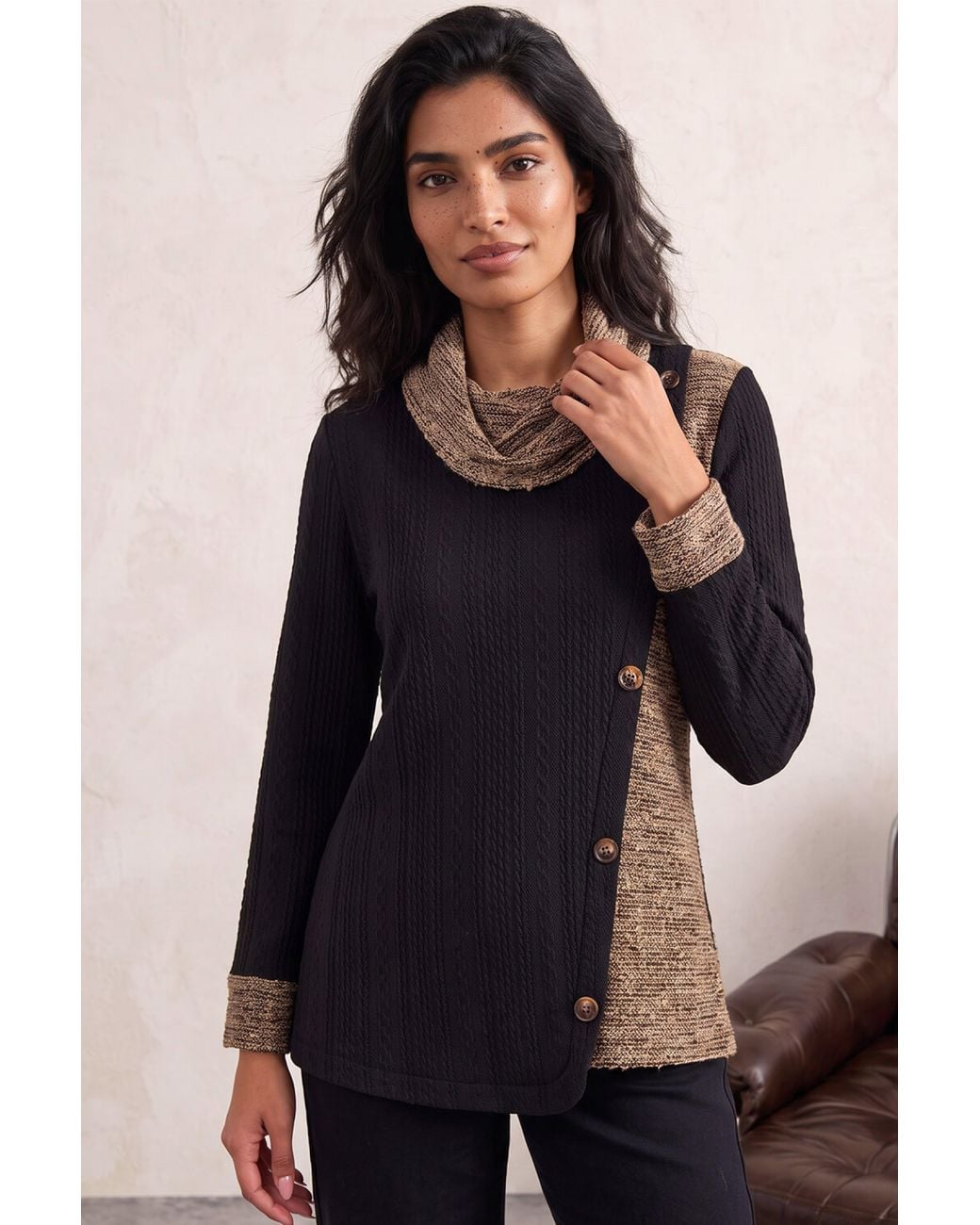Roman Blue Contrast Cowl Neck Tunic Top