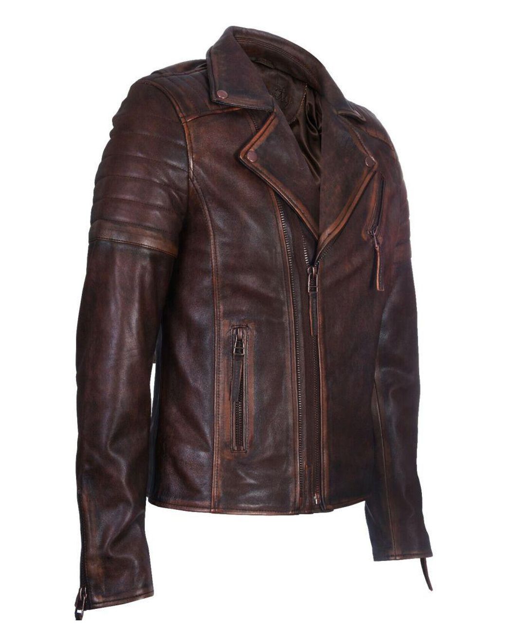 Infinity Leather Brown Slim Fit Brando Style Cross Zip Biker Jacket for men