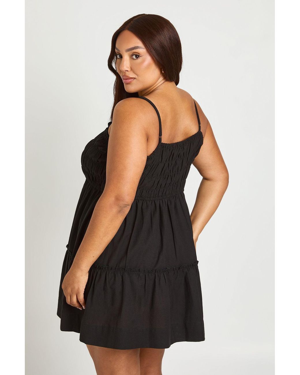 Boohoo Black Plus Linen Look Strappy Shirred Tired Smock Dress