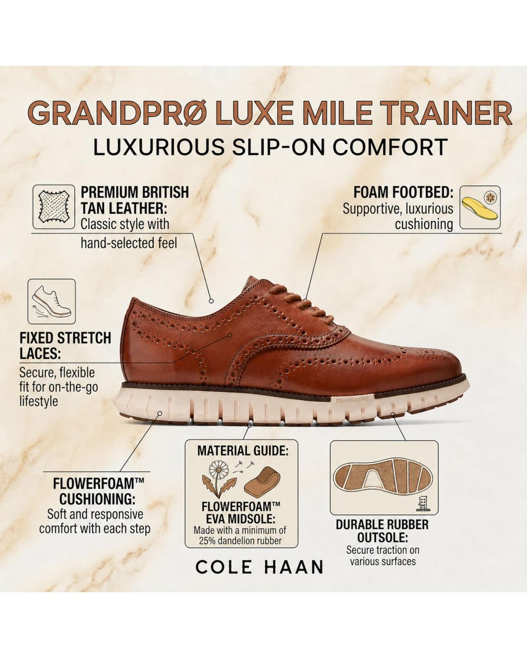 Cole Haan Brown Zerogrand Wingtip Oxford Trainer Leather Sneakers for men
