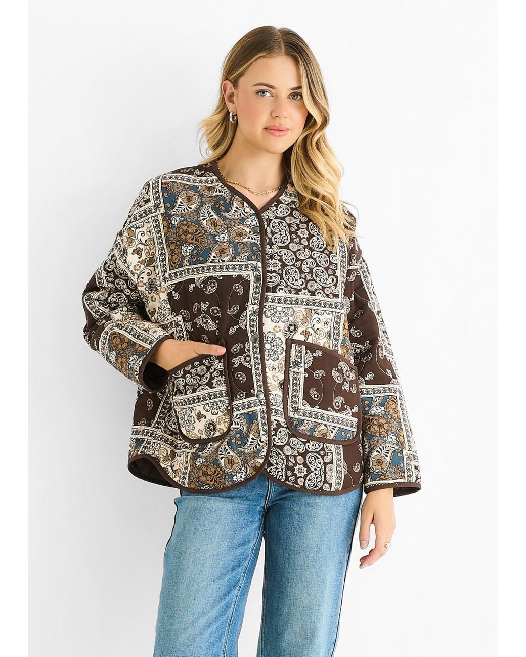 Gini London Blue Paisley Tile Print Lightweight Quilted Jacket