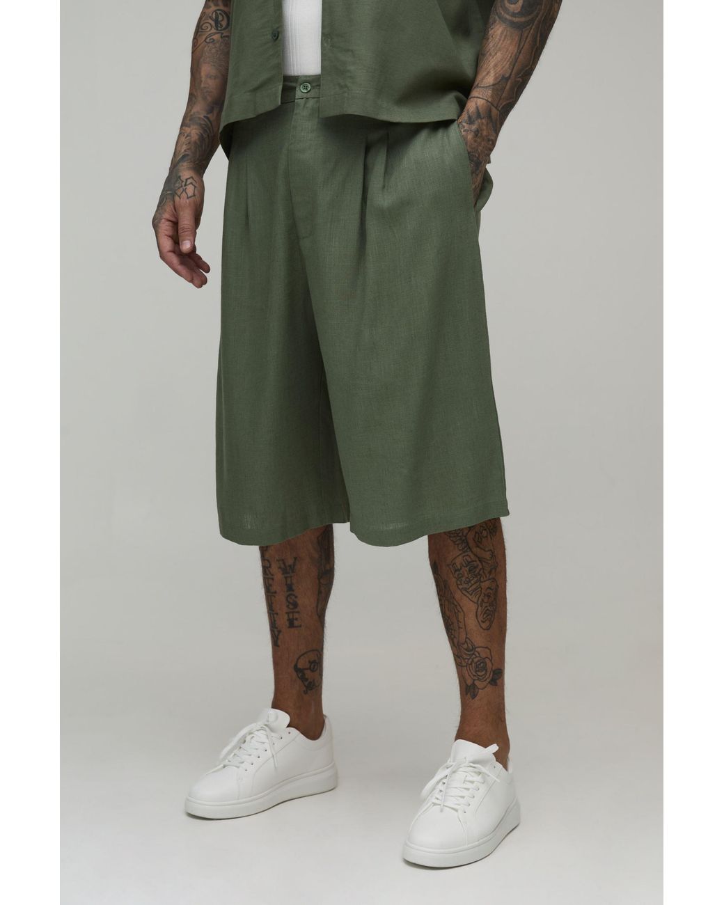 BoohooMAN Green Tall Half & Waist Relaxed Longline Linen Blend Jorts for men