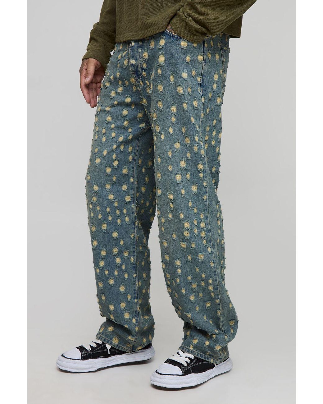 BoohooMAN Green Tall Tinted Extreme Ripped Relaxed Fit Jeans for men