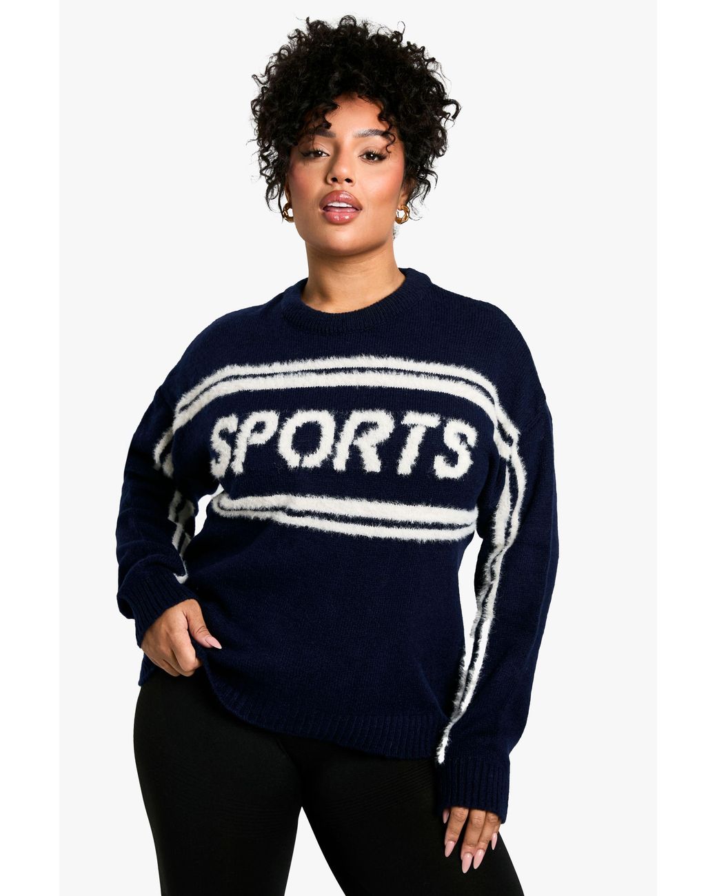Boohoo Blue Plus Sports Crew Neck Knitted Jumper