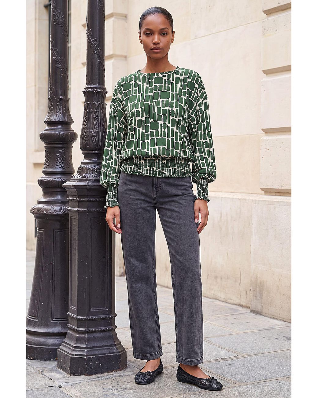 Roman Green Geometric Print Shirred Hem Top