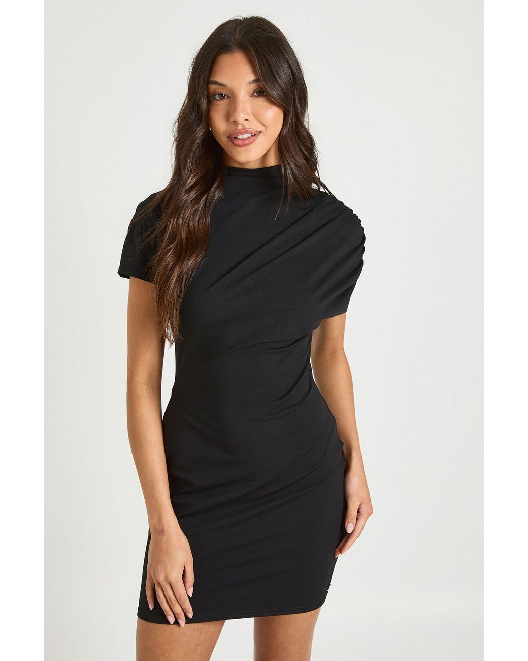 Boohoo Black Grown On Neck Drape Cinched Waist Mini Dress
