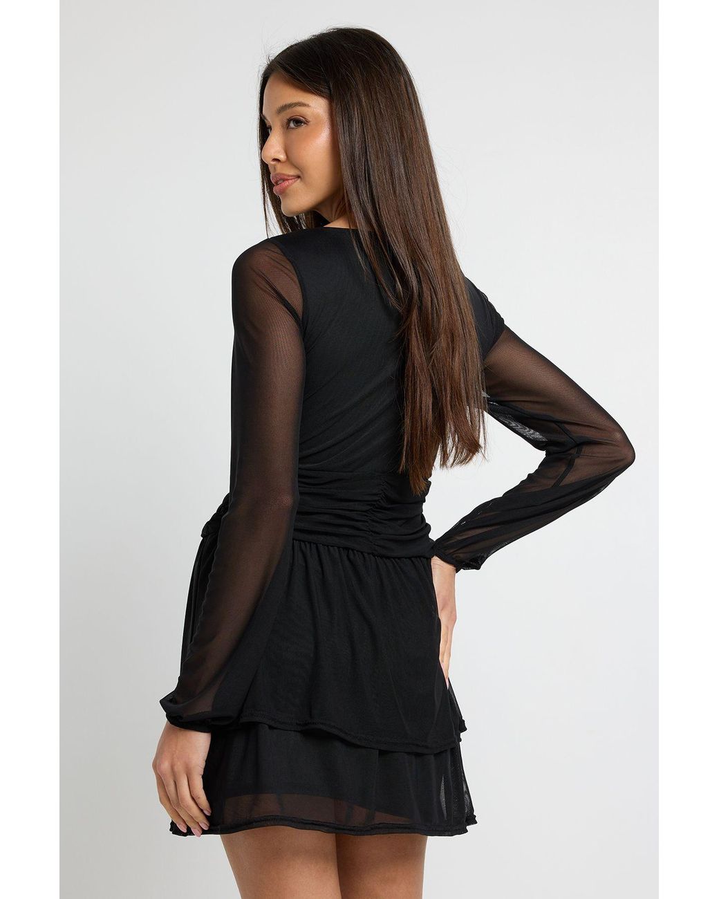 Boohoo Black Mesh Long Sleeve Ruched Waist Skater Dress