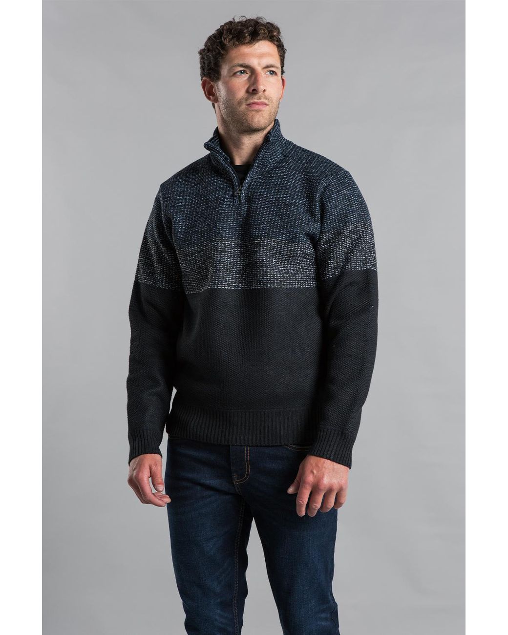 Kensington Eastside Blue 1/4 Zip Colourblock Funnel Neck Jumper for men