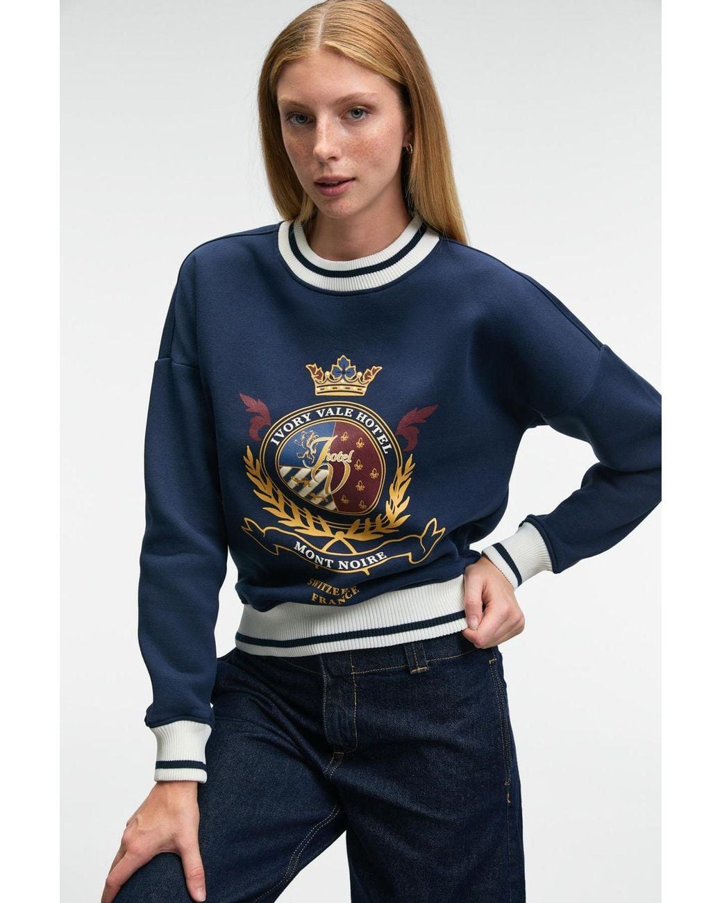 Grimelange Blue Crop Crew Neck Logo Sweatshirt
