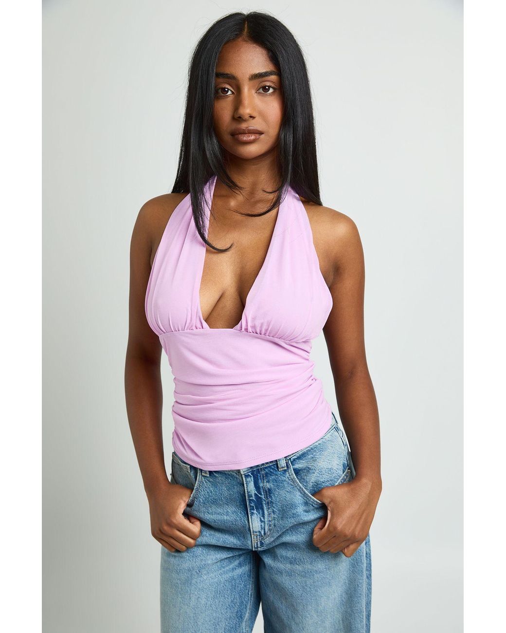 Boohoo White Textured Deep Plunge Halter Neck Top