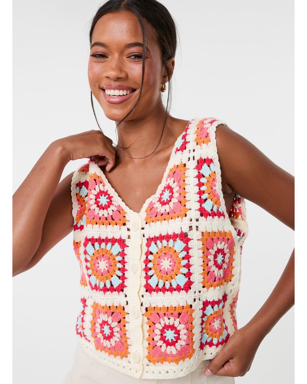 Pink Vanilla Red Patchwork Crochet Waistcoat