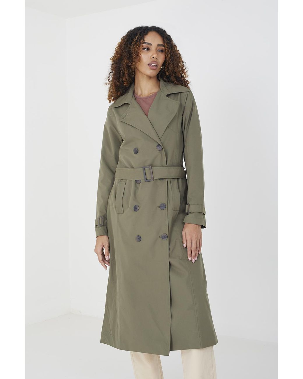 Brave Soul Green Double-Breasted Longline Trench Coat