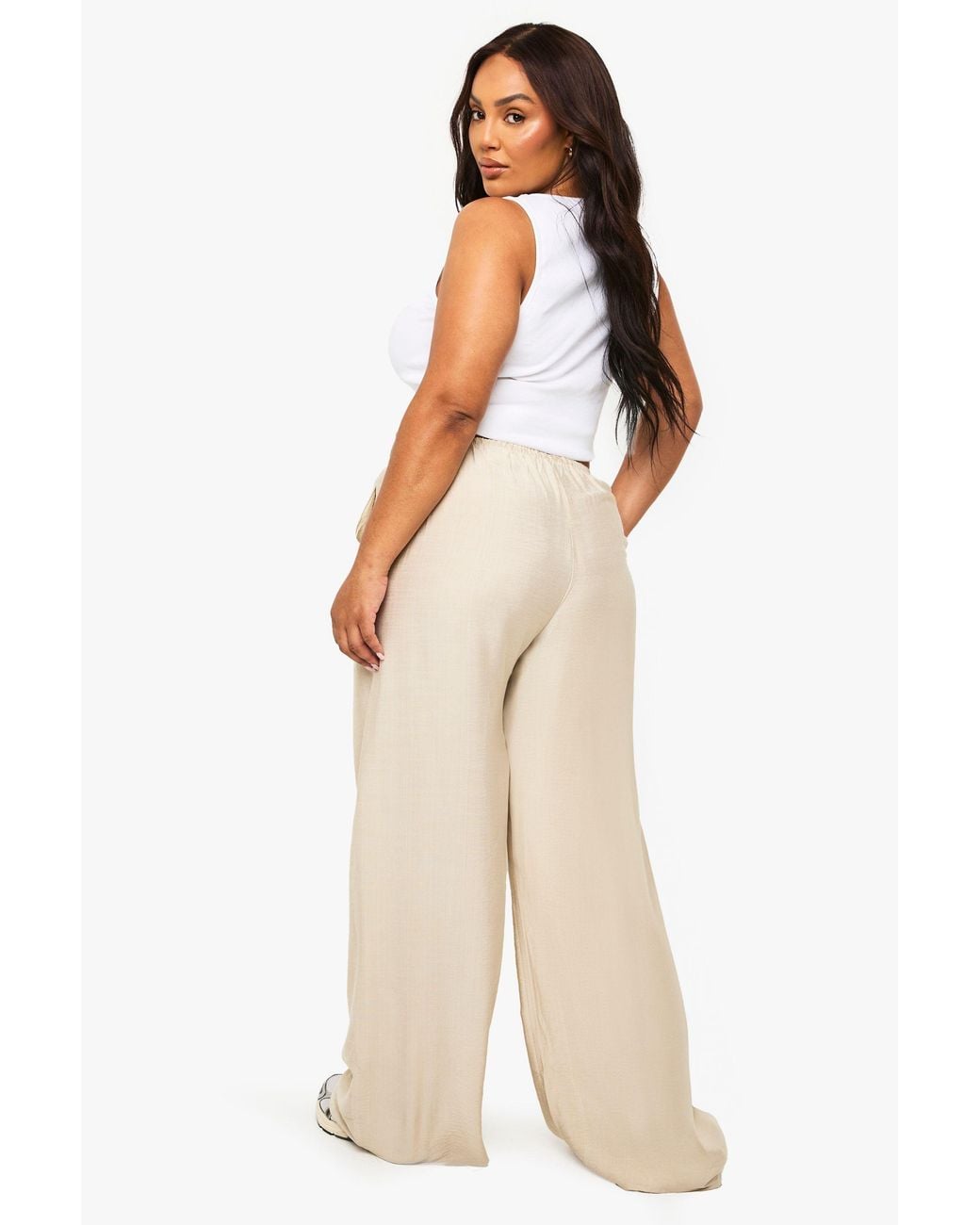 Boohoo Natural Plus Woven Drawstring Wide Leg Trouser