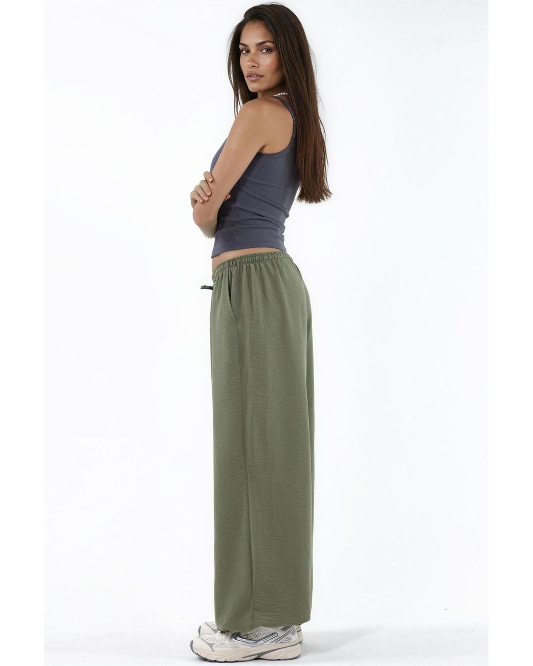 Busem Green Wide-Leg Woven Trousers With Drawstring Waist