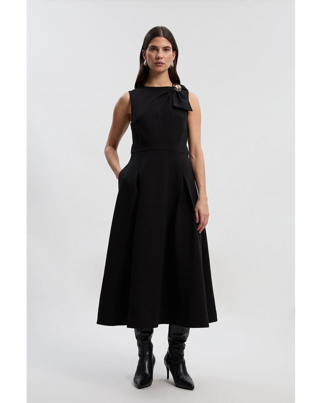 Karen Millen Black Compact Stretch Bow Tie Neck Trim Detail Tailored Full Midi Dress