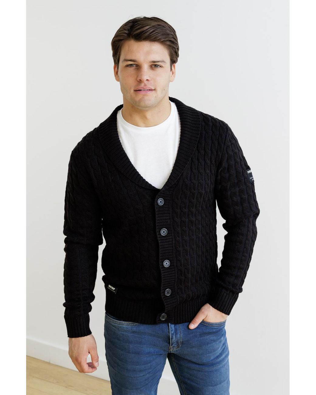 Firetrap Black Wool Blend Shawl Collar Cable Cardigan for men