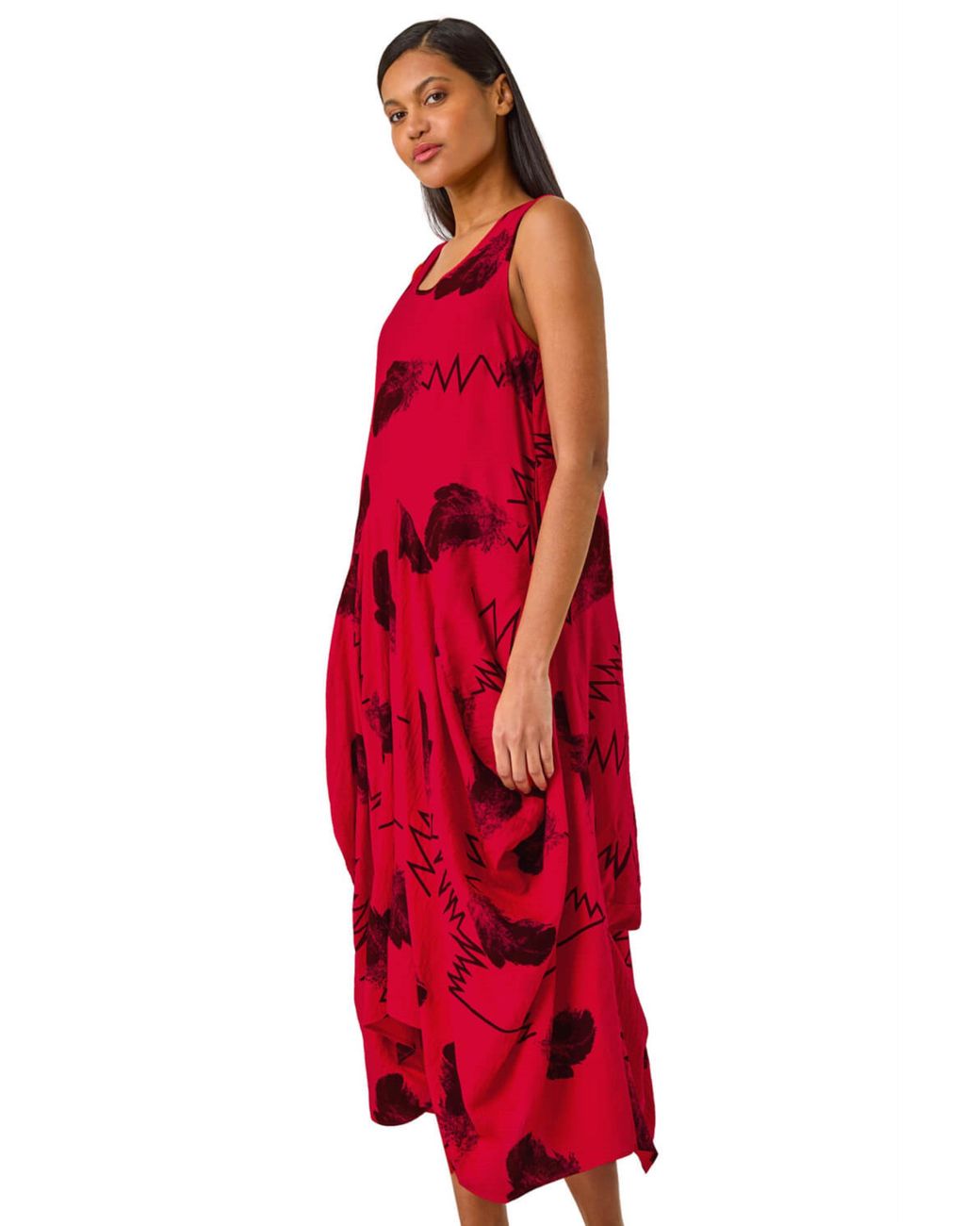 Roman Red Abstract Bubble Hem Midi Dress