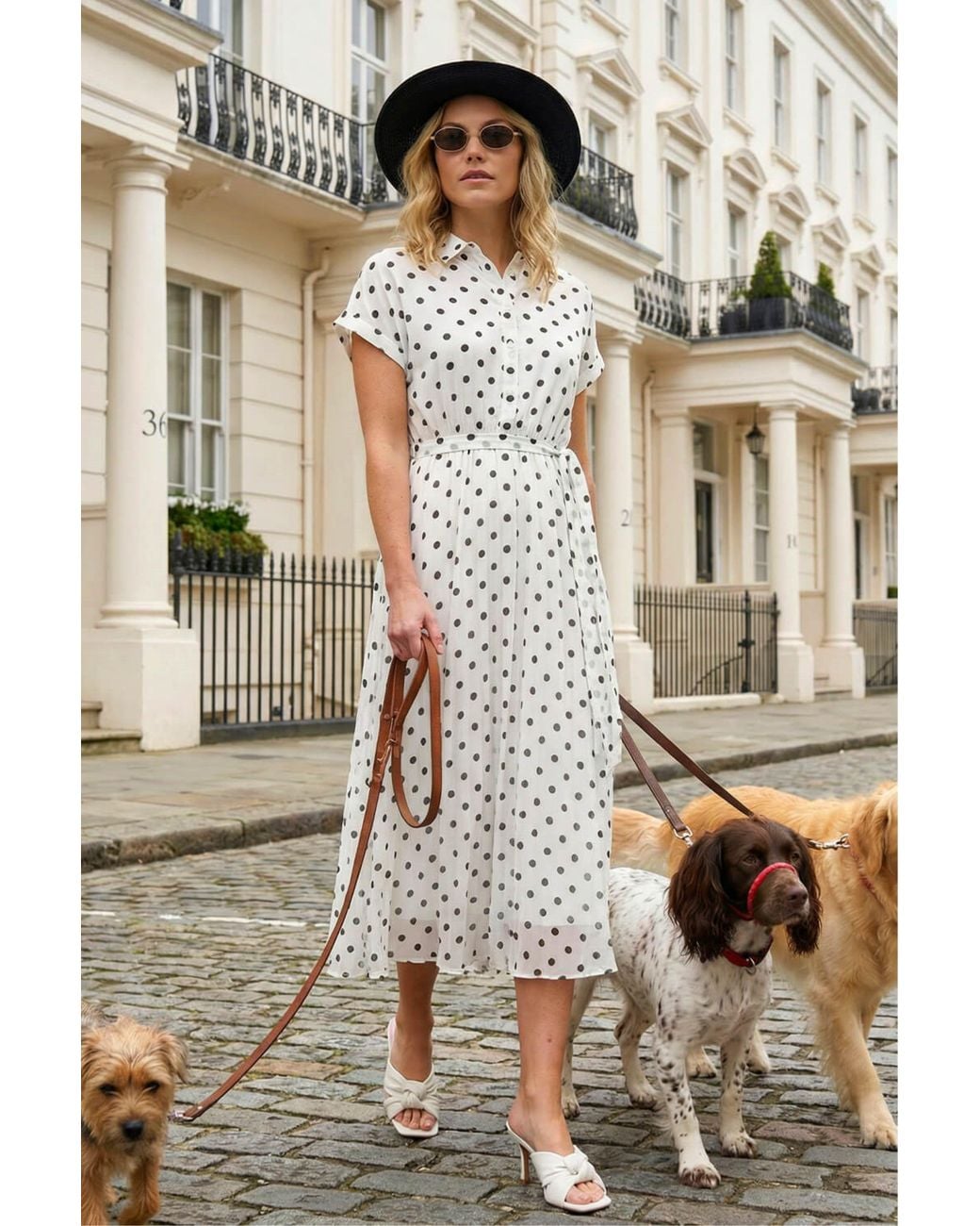 Roman Brown Polka Dot Pleated Shirt Midi Dress