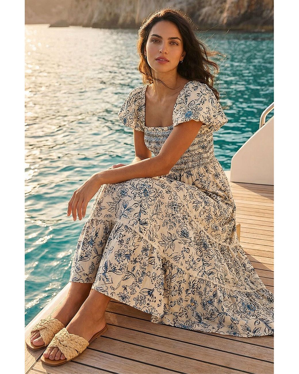 D.u.s.k Brown Floral Shirred Midi Dress