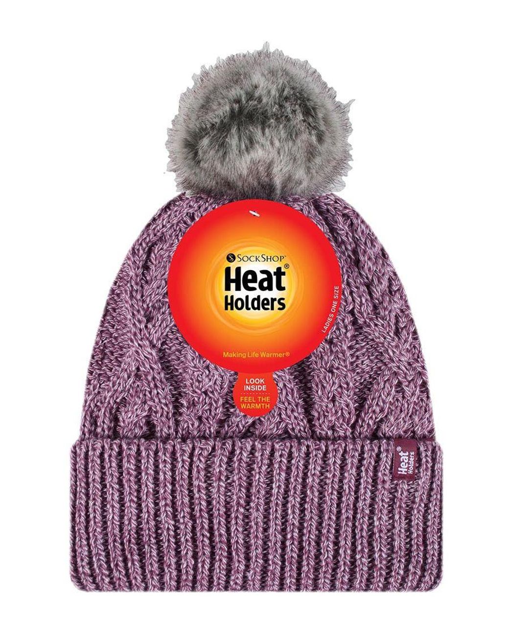 Heat Holders Purple Ladies Ribbed Cuffed Pom Pom Bobble Beanie Hat With Fleece Lining