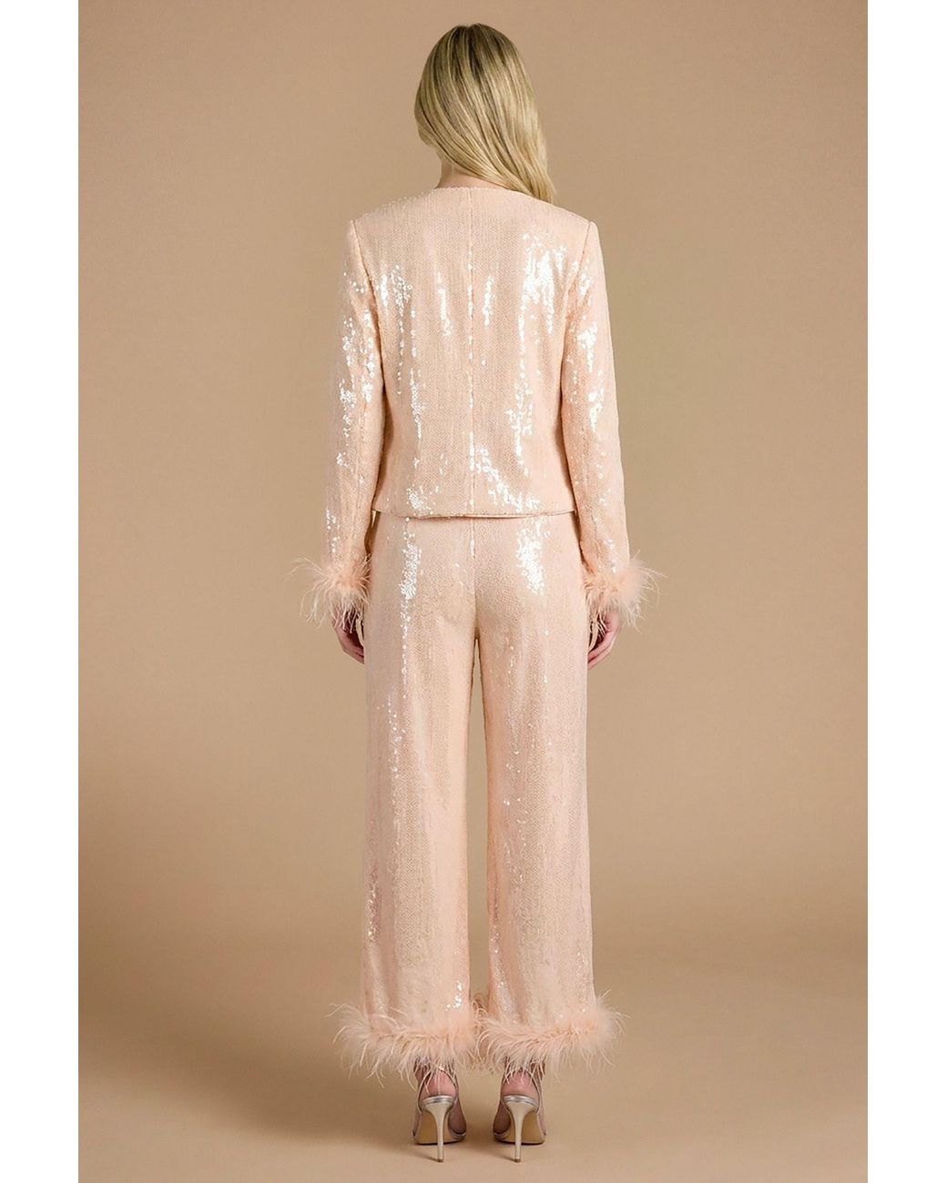 Oasis Natural Hen High Waisted Sequin Feather Trim Trouser