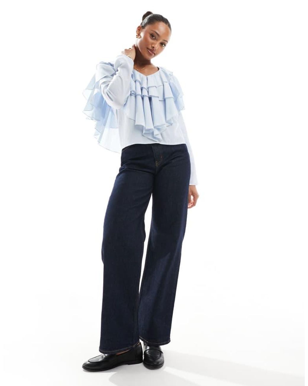 ASOS Blue V Neck Extreme Ruffle Blouse