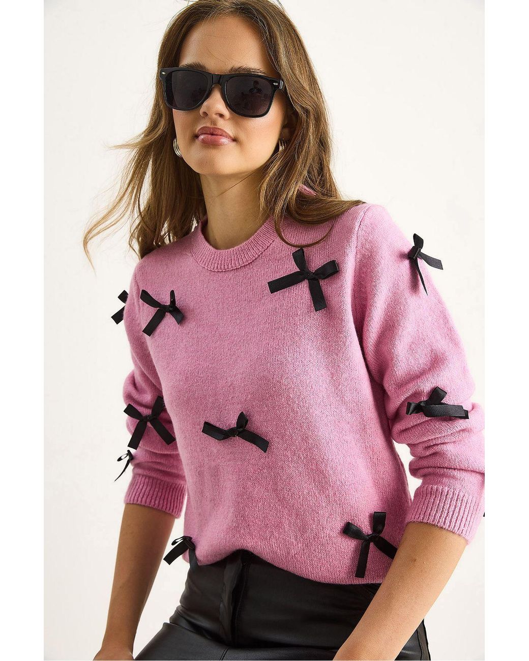 Bianco Lucci Pink Bow Detailed Crew Neck Sweater