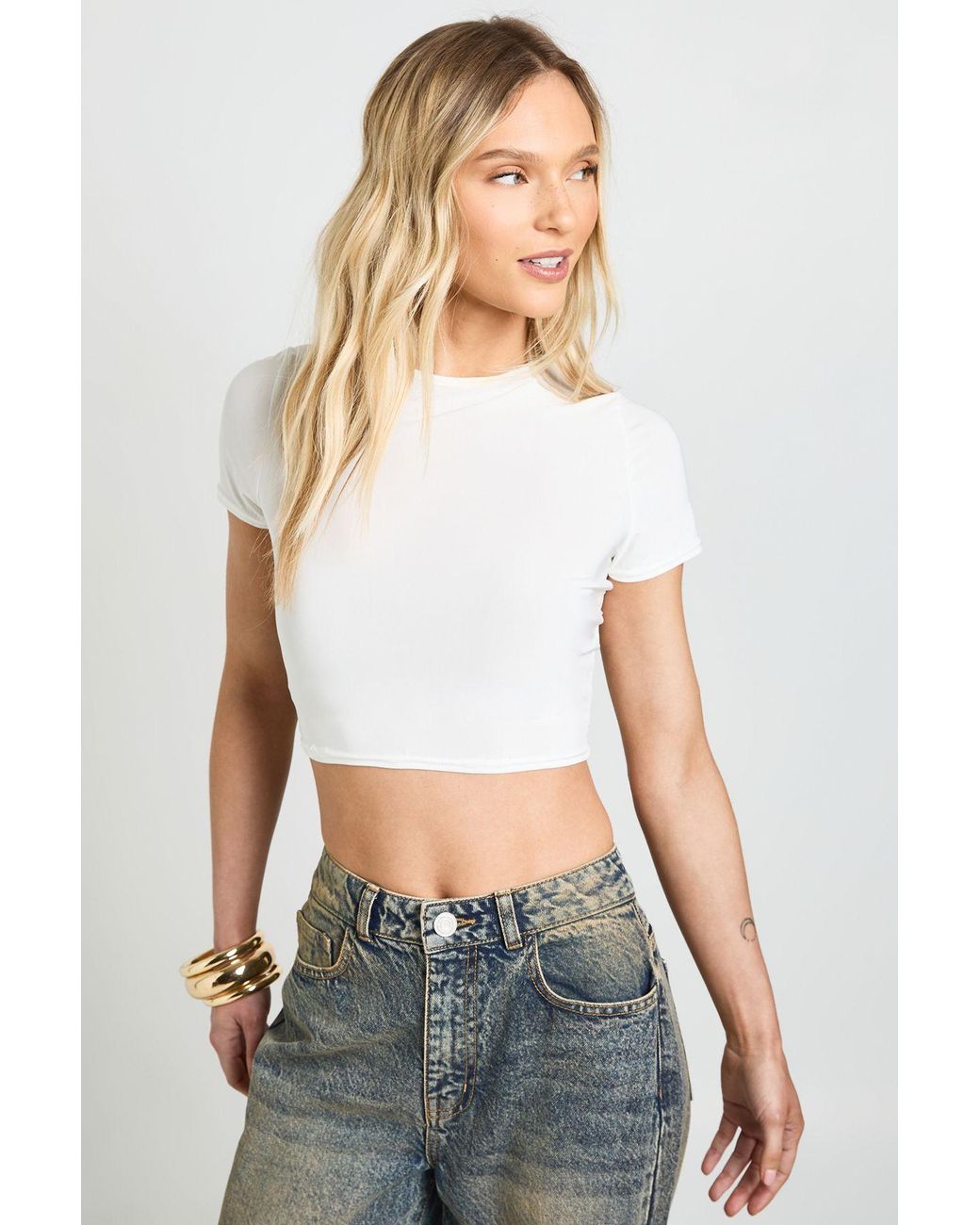 Boohoo White Petite Slinky Basic Short Sleeve Crop Top
