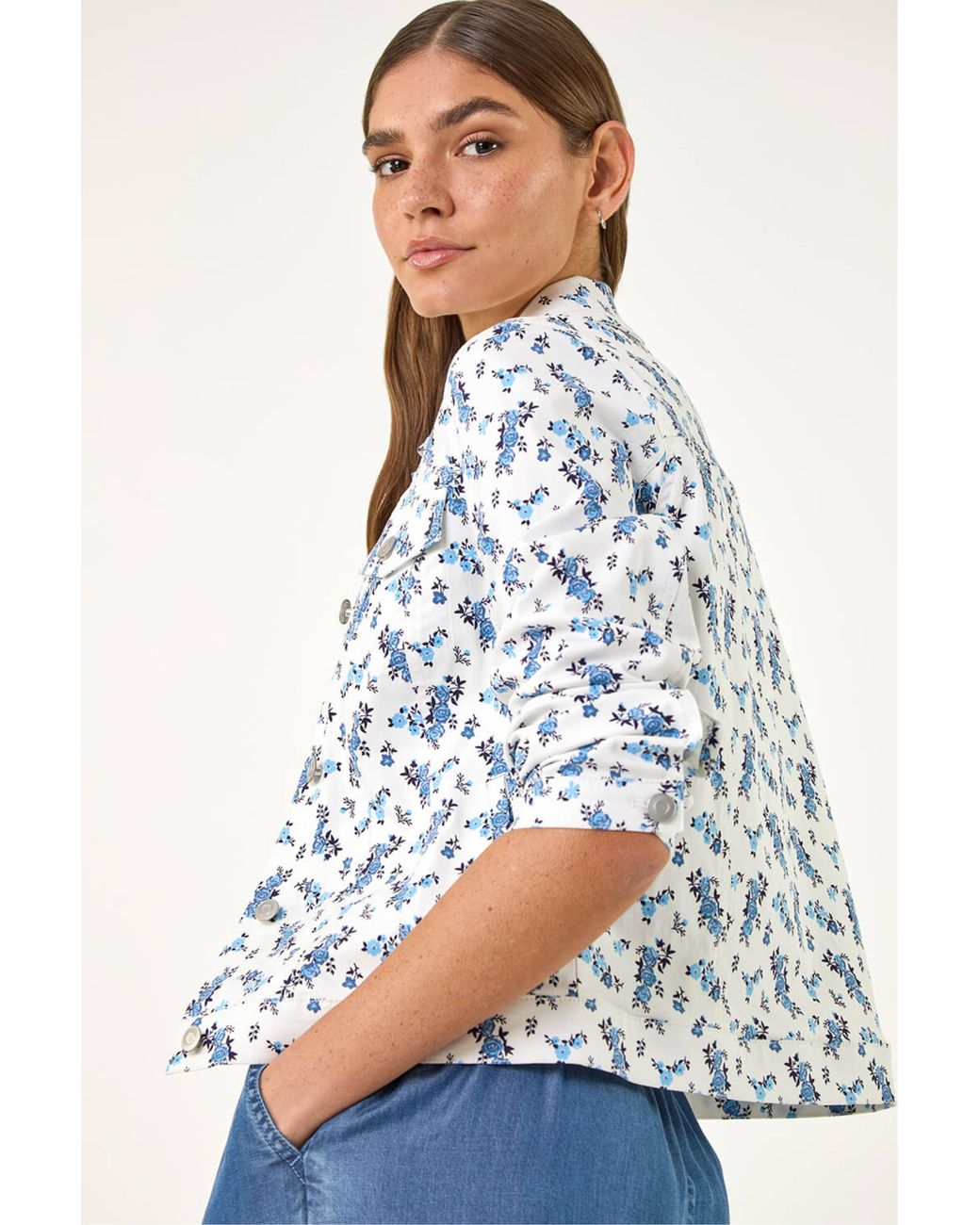 Roman Blue Floral Print Bengaline Denim Jacket