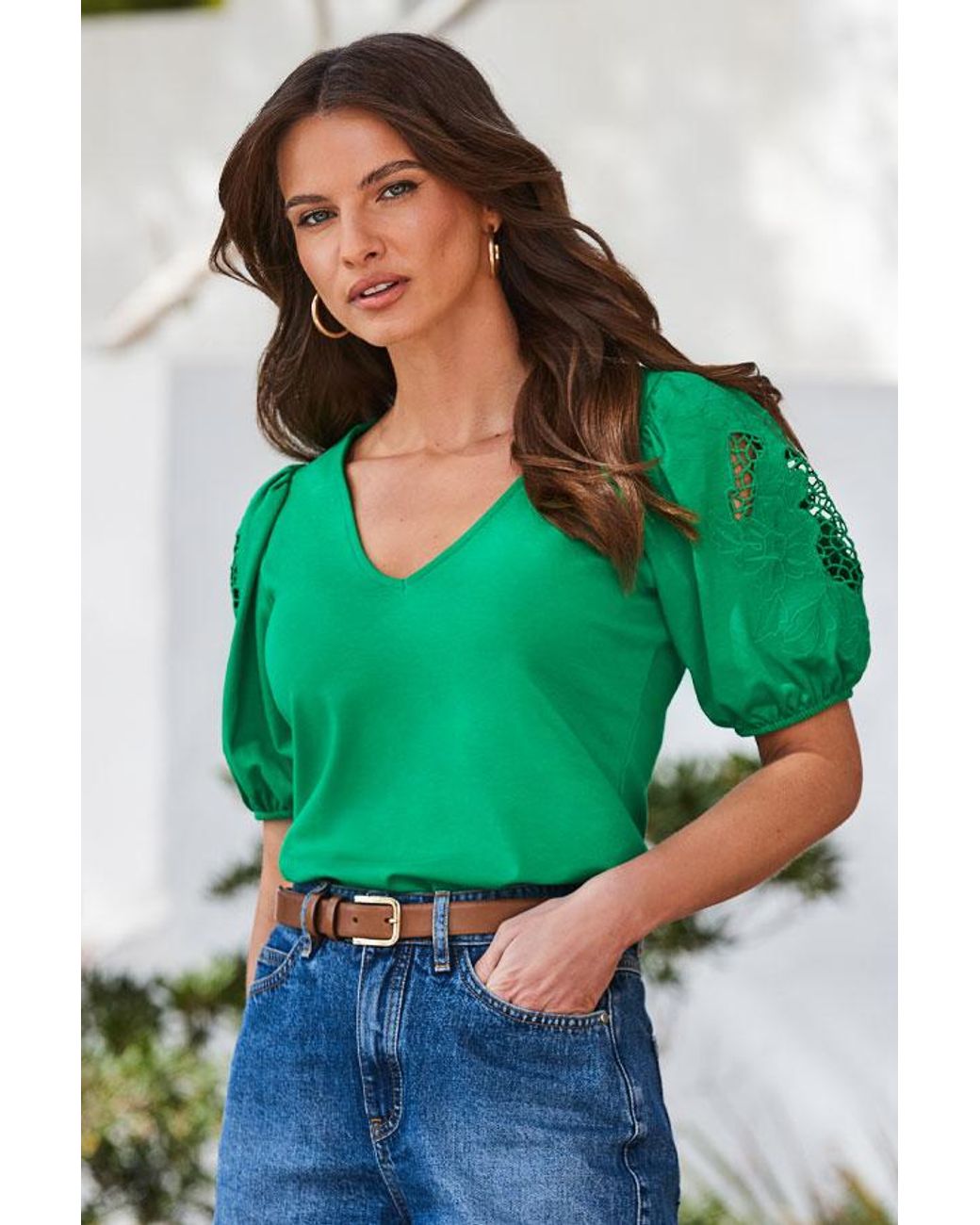 Sosandar Green Dark Cutwork Sleeve Tie Hem Cotton Top