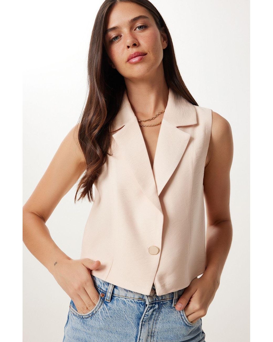 Happiness İstanbul Blue Sleeveless Linen Shawl Collar Cropped Waistcoat