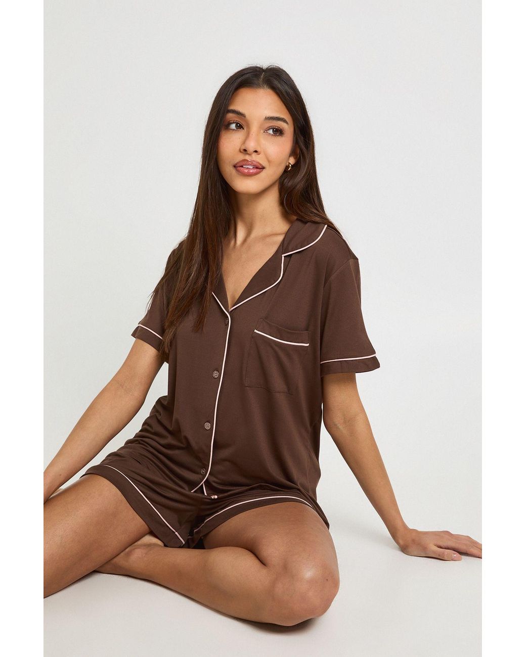 Boohoo Brown Jersey Piping Detail Short Sleeve Shirt & Shorts Pyjama Set