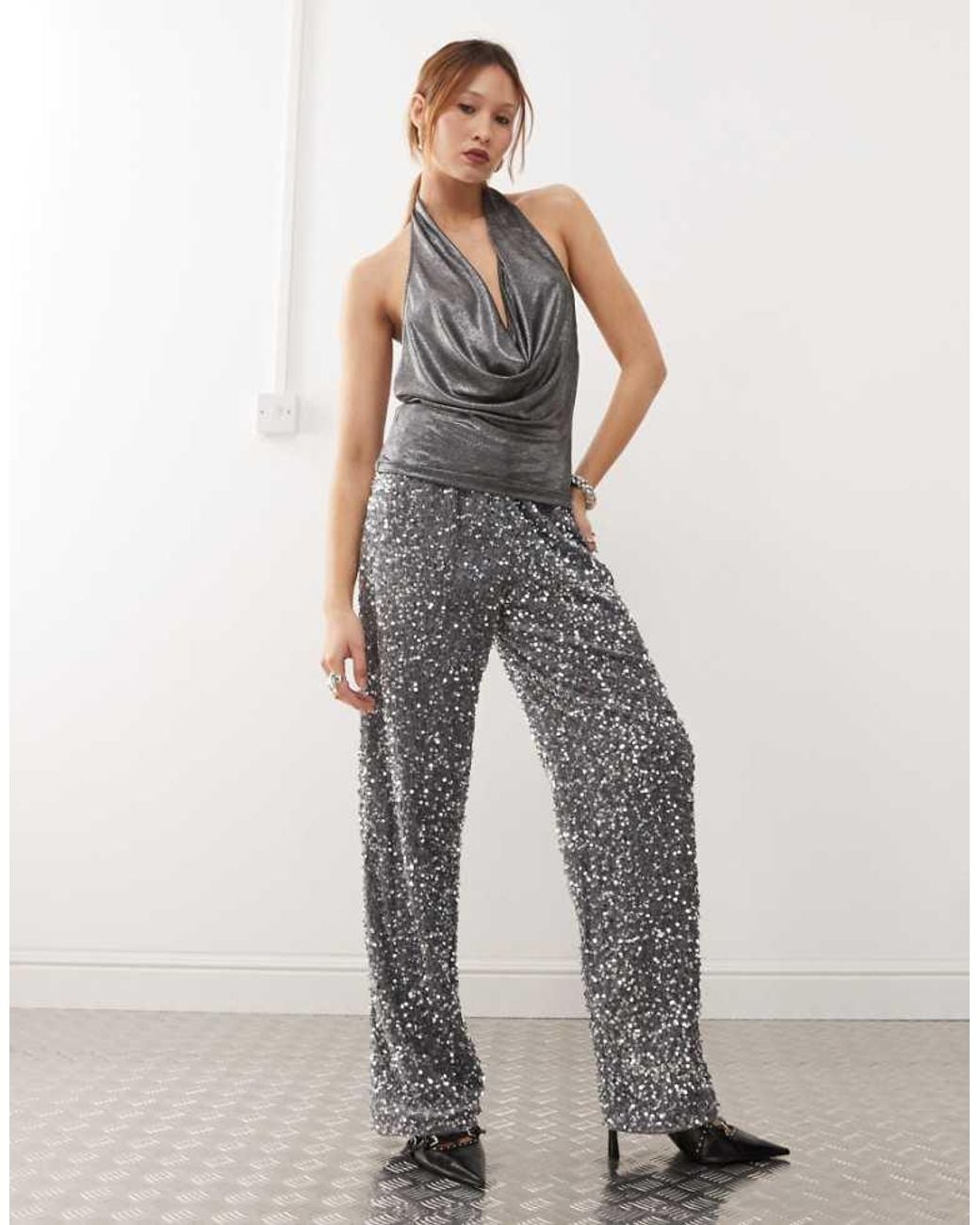 Noisy May Gray Wide Leg Sequin Trouser