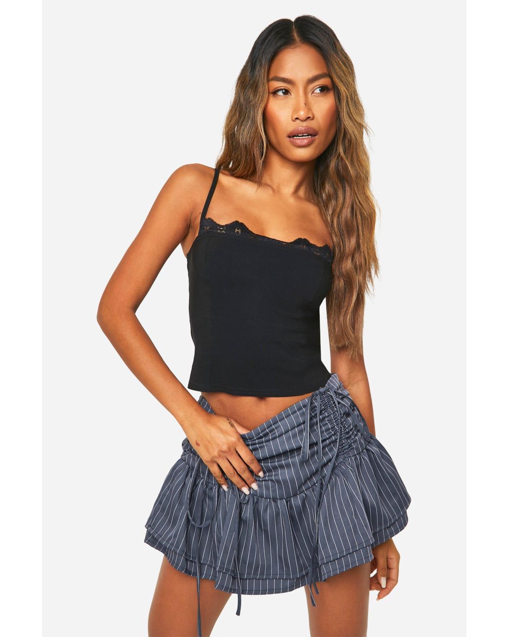 Boohoo Blue Ruched Pinstripe Micro Mini Skirt