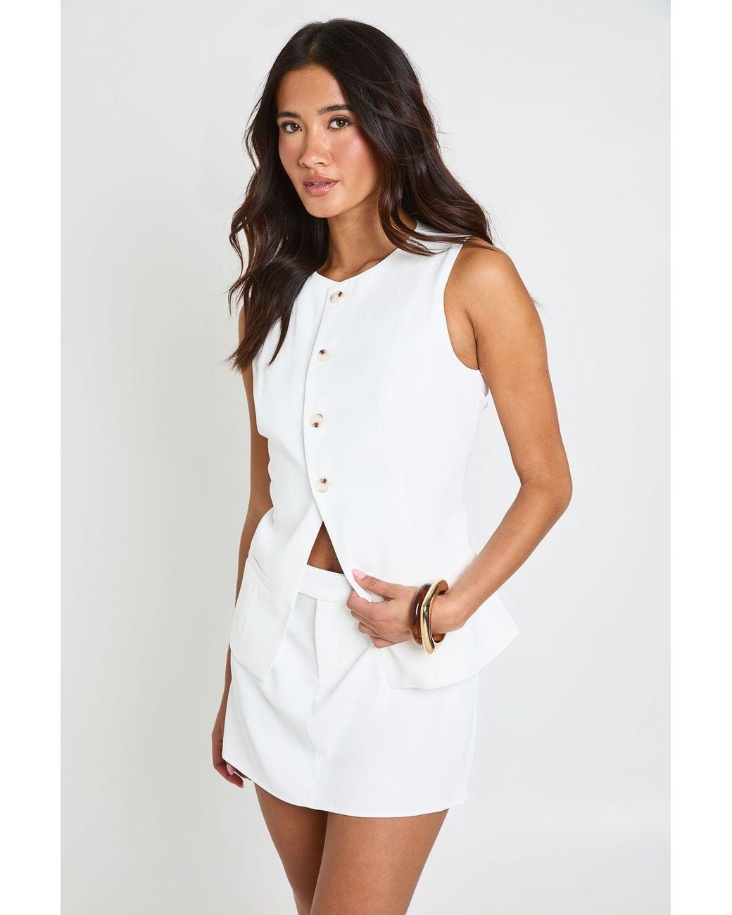 Boohoo Tailored Slash Neck Button Down Waistcoat Blazer Dress in White