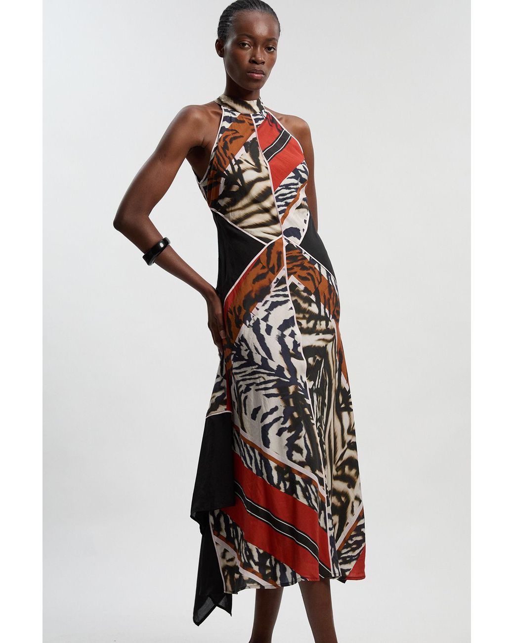 Karen Millen White Print Fluid Tencel Halter Neck Woven Maxi Dress Lyocell