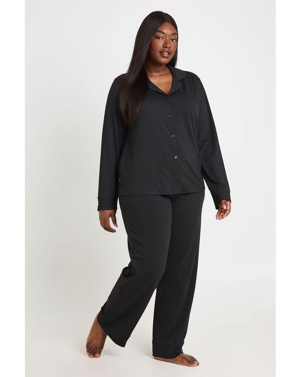 Boohoo Black Plus Soft Touch Button Through Shirt And Trouser Pyjama Set