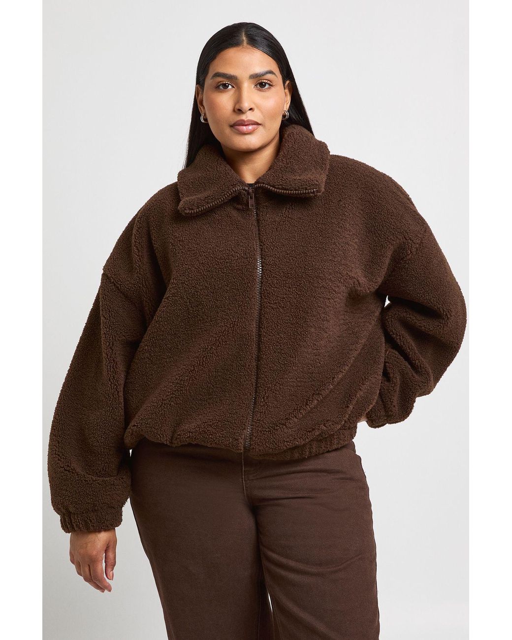 Boohoo Brown Plus Funnel Neck Teddy Bomber Jacket