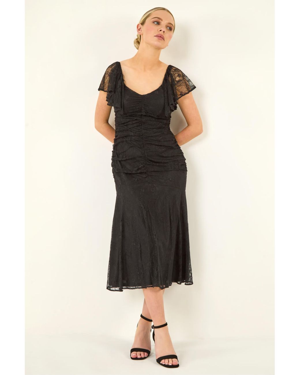 Roman Black Petite Lace Tiered Dress