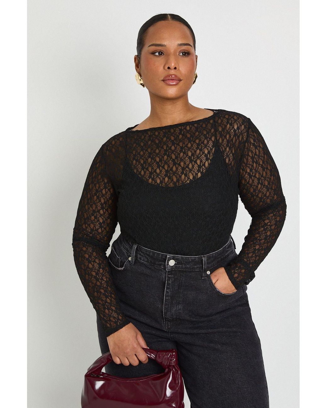 Boohoo Black Plus Lace Long Sleeve Bodysuit