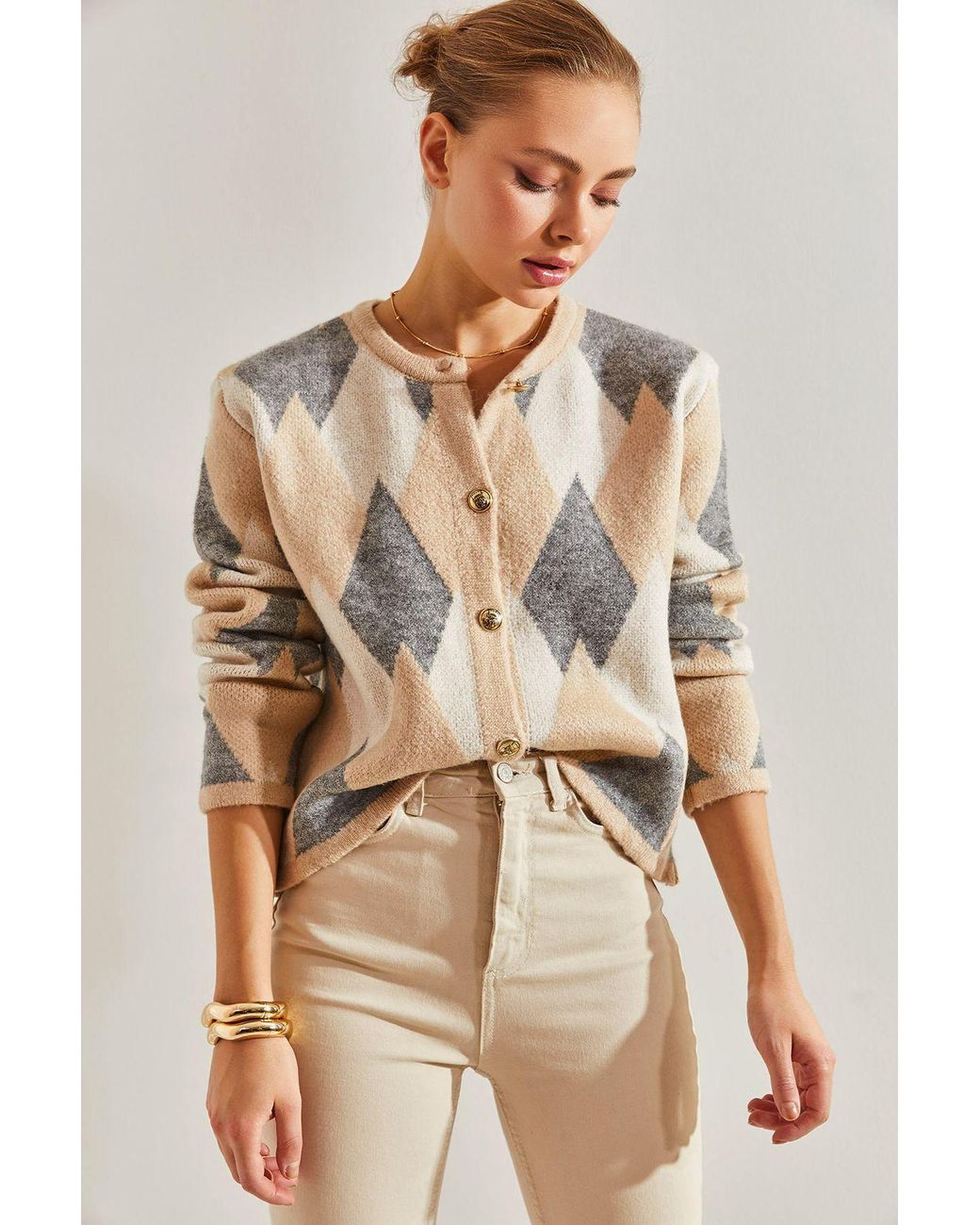 Bianco Lucci Natural Geometric Knitwear Button-Up Crop Cardigan