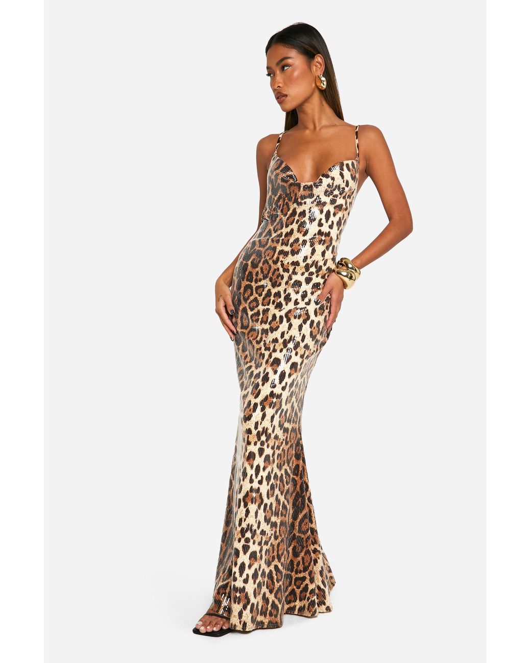 Boohoo Brown Cowl Neck Leopard Sequin Maxi Dress